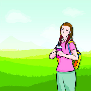 pretty girl was backpacker to travel with happiness feeling cartoon vector