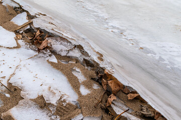 The frozen river bank. Winter background. Close-up.