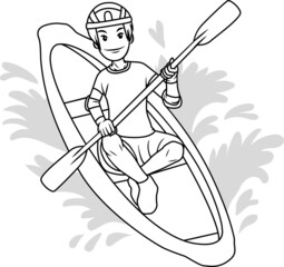 The little boy funny to rowed with a protective suit on boat.