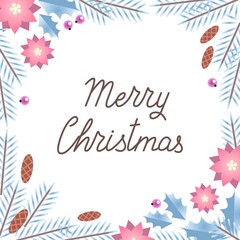 Merry Christmas. Winter holiday greeting card. Hand drawn phrase on a white background with Christmas tree branches, holly berries and Christmas flowers. Vector 10 EPS.