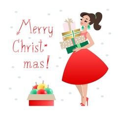Merry Christmas. Winter holiday greeting card. Illustration of a pretty girl in a red dress with gift boxes in her hands. Vector 10 EPS.
