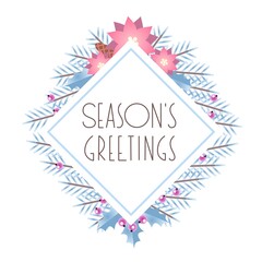 Season's Greetings. Winter holiday greeting card. Illustration of Christmas tree branches, holly berries and Christmas flowers on a blue background with a rhombus frame. Vector 10 EPS.