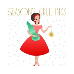 Season's Greetings. Winter holiday greeting card. Illustration of a pretty girl in a red dress with Christmas tree in her hands. Vector 10 EPS.