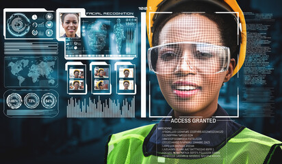 Facial recognition technology for industry worker to access machine control . Future concept interface showing digital biometric security system that analyze human face to verify personal data .
