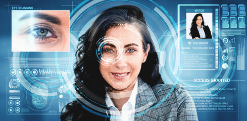 Facial recognition technology scan and detect people face for identification . Future concept interface showing digital biometric security system that analyze human face to verify personal data .