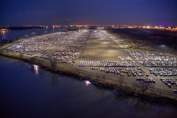 Aerial View Of New Cars Being Stored at Port of Philadelphia Delaware River