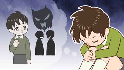 いじめ、陰口、落ち込む子供のアイキャッチイラスト