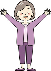 喜んでバンザイをするおばあさん（全身）