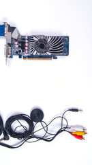 Video cards, electronic circuit, computer component, boards, isolated on white background, copy space, electronics, connecting cables,