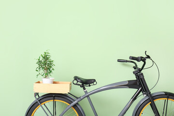 Modern bicycle with houseplant against color wall