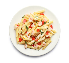 Plate of tasty pasta with shrimps and pepper on white background