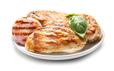 Plate with cooked chicken fillet on white background