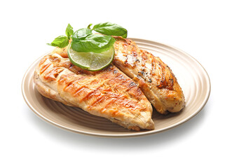 Plate with cooked chicken fillet on white background