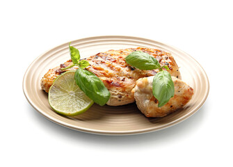 Plate with cooked chicken fillet on white background