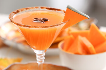 Glass of tasty pumpkin pie martini, closeup