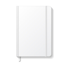 Blank white notebook with white elastic and ribbon bookmark mockup template.