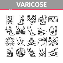 Varicose Veins Disease Collection Icons Set Vector. Varicose Symptoms And Treatment, Legs Pain And Medicine Cream, Ultrasound And Surgery Concept Linear Pictograms. Monochrome Contour Illustrations