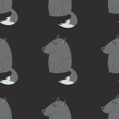 Seamless pattern with wolf on a black background. Decorative wallpaper for the nursery in the Scandinavian style. Vector. Suitable for children's clothing, interior design, packaging, printing.