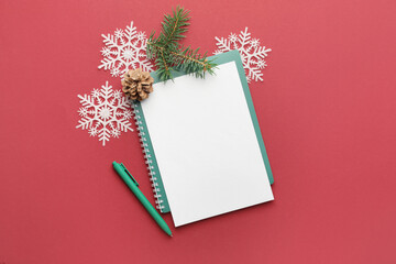 Blank letter to Santa and Christmas decor on color background