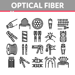 Optical Fiber Cable Collection Icons Set Vector. Fiber Repair Instrument And Electrical Device For Test Connection, Cord Roll Bobbin Damaged Concept Linear Pictograms. Monochrome Contour Illustrations