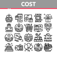 Cost Reduction Sale Collection Icons Set Vector. Winter And Summer Seasonal Cost Reduction, Discount Card And Black Friday, Cashback And Gift Concept Linear Pictograms Monochrome Contour Illustrations