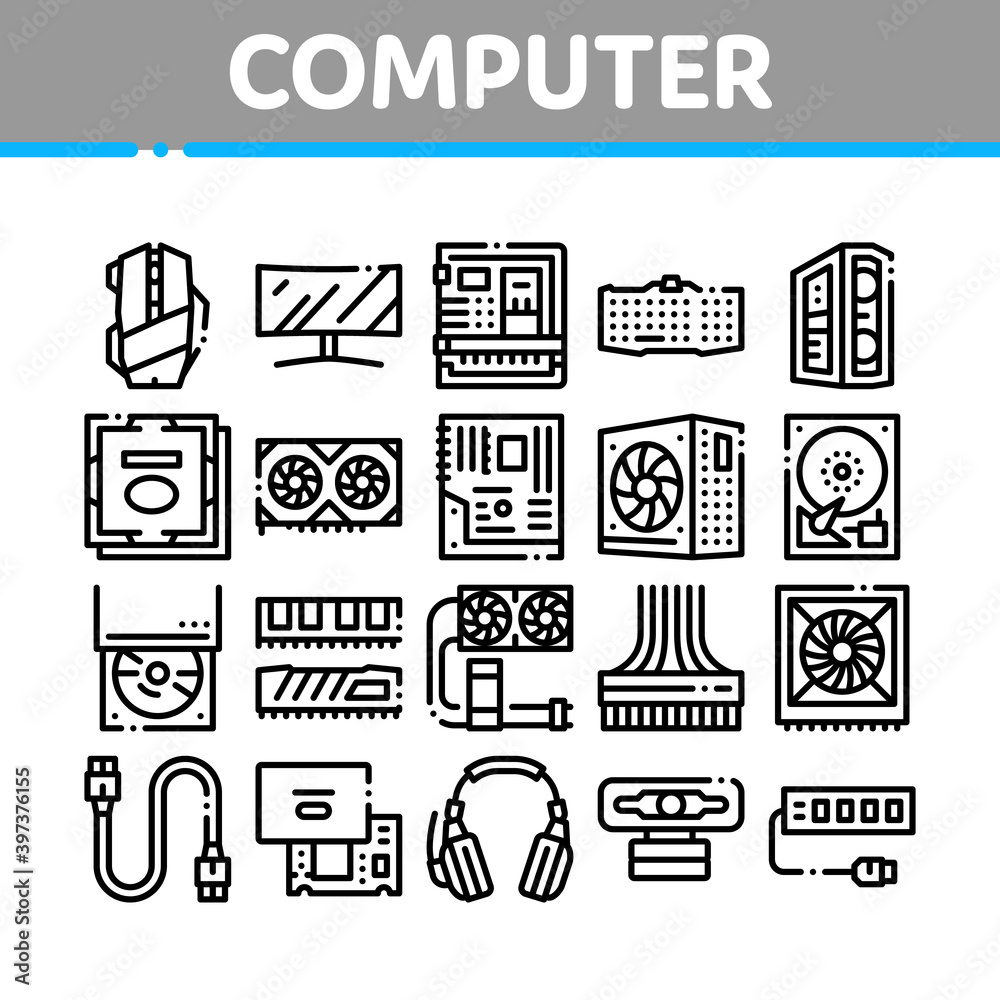 Poster computer technology collection icons set vector. computer mouse and keyboard, monitor and video card