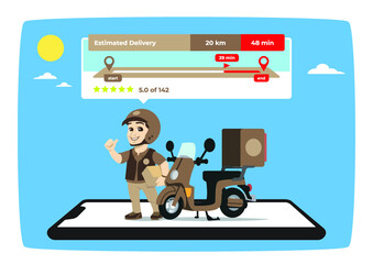 delivery man with motorbike and delivery app