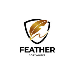 Feather writing Logo Template vector illustration. Golden feather writing and shield logo.
