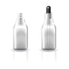 Blank clear cosmetic square bottle with black-white dropper lid for beauty product mockup template.