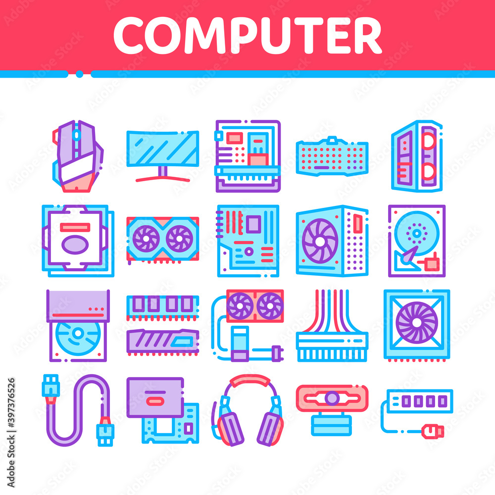 Poster computer technology collection icons set vector. computer mouse and keyboard, monitor and video card
