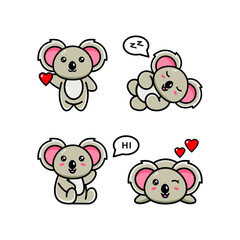 Vector illustration with koala in various poses. Collection of vector illustrations with a cute australian animal in cartoon style.