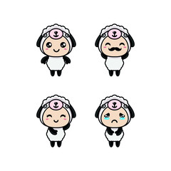 Funny cute white sheep wearing knitted cap and cozy mittens. Children vector illustration. Set of graphic elements for kids. Cartoon hand drawn style. Wrapping, package, textile design.