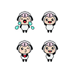 Funny cute white sheep wearing knitted cap and cozy mittens. Children vector illustration. Set of graphic elements for kids. Cartoon hand drawn style. Wrapping, package, textile design.