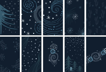 Winter Social Media stories Layout. Vector set of christmas template in abstract style for womenly profile, social media, mobile app. Winter story with christmas tree, snow, snowflake, abstract shape