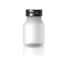 Blank white round supplements, medicine bottle with black cap lid for beauty or healthy product.
