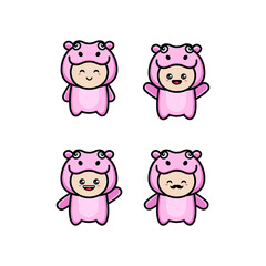 Set of cartoon vector hippo. African animals. Family hippopotamus, hippopotamus swims in the water. Isolated on white background.