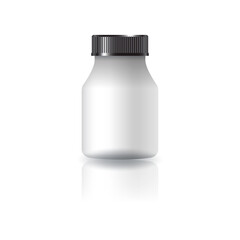 Blank white round supplements, medicine bottle with black grooved lid for beauty or healthy product.