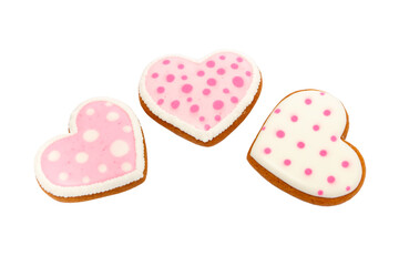 background from pink cookies heart shaped with different patterns, isolated