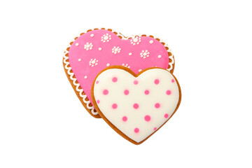 background from pink cookies heart shaped with different patterns, isolated