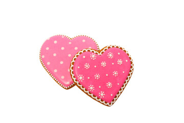 background from pink cookies heart shaped with different patterns, isolated