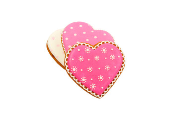 background from pink cookies heart shaped with different patterns, isolated