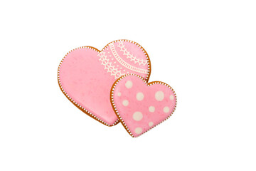 background from pink cookies heart shaped with different patterns, isolated