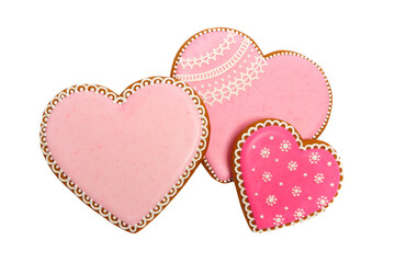background from pink cookies heart shaped with different patterns, isolated