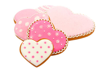 background from pink cookies heart shaped with different patterns, isolated