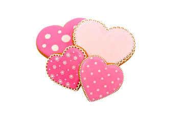 background from pink cookies heart shaped with different patterns, isolated