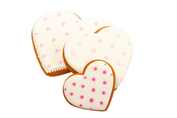 background from pink cookies heart shaped with different patterns, isolated