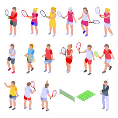 Kids playing tennis icons set. Isometric set of kids playing tennis vector icons for web design isolated on white background