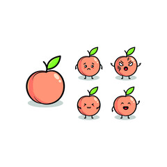 Set of adorable cartoon peach mascot in flat style. Vector illustration isolated on white background