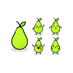 Green pear character with funny face. Happy cute cartoon pear emoji set. Healthy vegetarian food character vector illustration