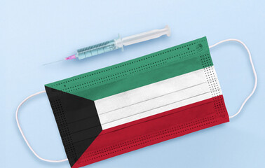 Flag of Kuwait on Medical protective Surgical mask and vaccine. Coronavirus vaccine and vaccination concept. 